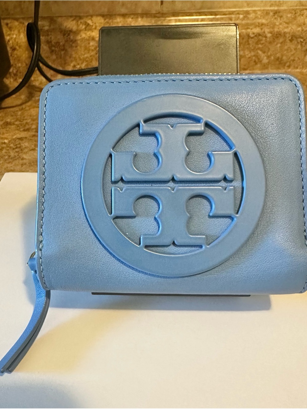 Tory Burch Baby Blue Leather Zip Wallet with Raised Logo